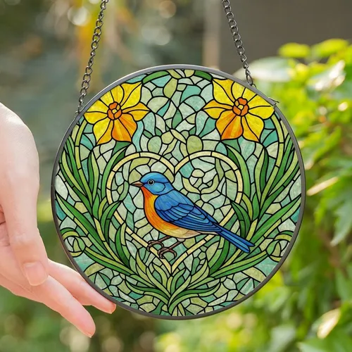 Nature Lovers' Jewel Tone Stained Glass Bluebird Daffodil Floral Mosaic Stained Glass Suncatcher