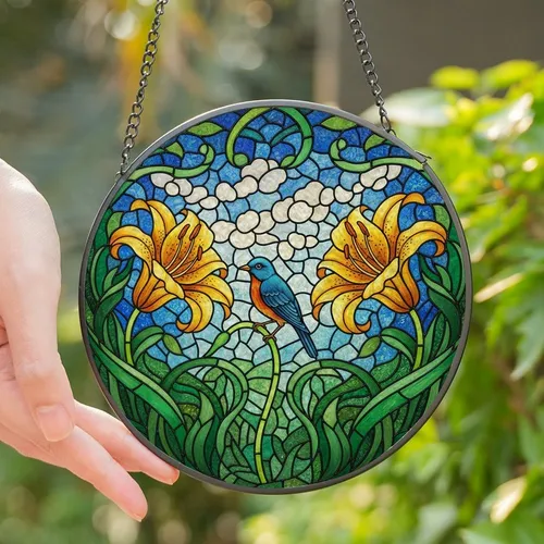 Nature Lovers' Vibrant Tiffany Style Stained Glass Blue Bird Golden Lilies Emerald Leaves Azure Sky Mosaic Stained Glass Suncatcher