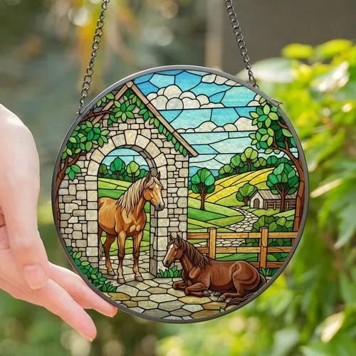 Equestrian Enthusiasts' High Contrast Tiffany Stained Glass Mosaic Horse Stable Jewel Tones Stained Glass Suncatcher