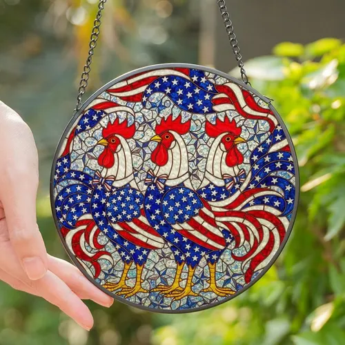 Patriotic Americans' Vibrant Tiffany Stained Glass Three Roosters American Flag Stars & Stripes Mosaic Stained Glass Suncatcher
