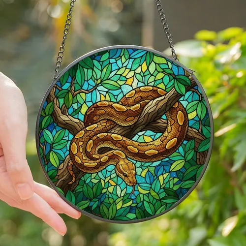 Nature Lovers' Tiffany Stained Glass Python Jungle Emerald Green Amber Jewel Tone Artwork Stained Glass Suncatcher
