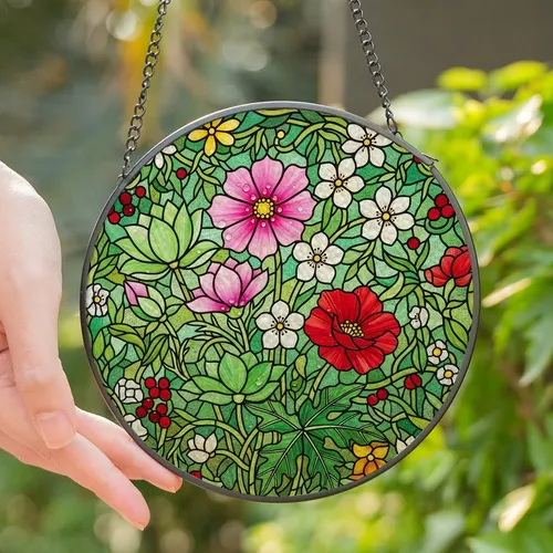 Nature Lovers' Intricate Stained Glass Pink Cosmos Lotus Poppy Vibrant Garden Mosaic Stained Glass Suncatcher