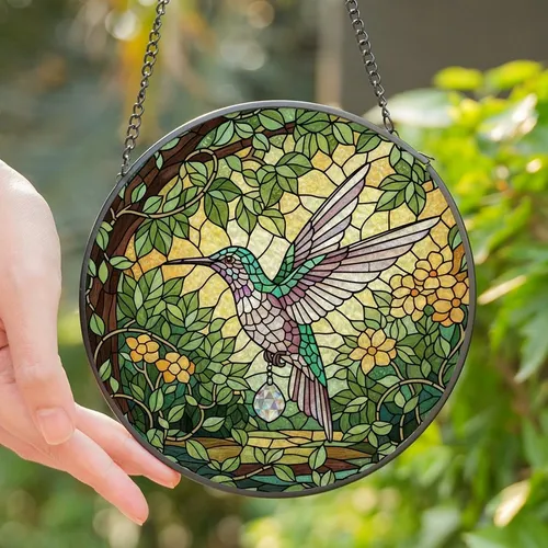 Nature Lovers' Tiffany Style Stained Glass Hummingbird Iridescent Jewel Tone Garden Mosaic Stained Glass Suncatcher