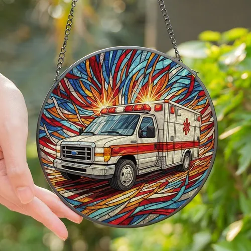 Emergency Services Supporters Vibrant Tiffany Stained Glass Ambulance Mosaic Edge-to-Edge Geometric Jewel Tones Stained Glass Suncatcher