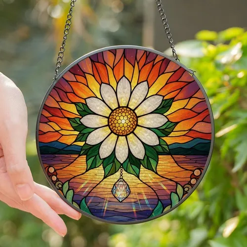Art Lovers' Intricate Jewel Tone Stained Glass Daisy Crystal Prism Sunset Mosaic Stained Glass Suncatcher