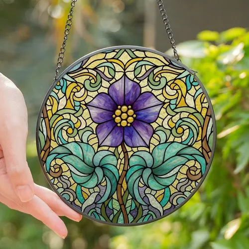 Women's Vibrant Stained Glass Floral Mosaic Golden Jewels Teal Violet Indigo Botanical Garden Stained Glass Suncatcher