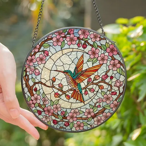Nature Lovers' Tiffany Stained Glass Hummingbird Crescent Moon Pink Cherry Blossom Jewel Tone Mosaic Pattern Stained Glass Suncatcher
