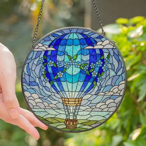 Whimsical Dreamers' Tiffany Stained Glass Hot Air Balloon Forget-Me-Not Jewel Tone Mosaic Stained Glass Suncatcher