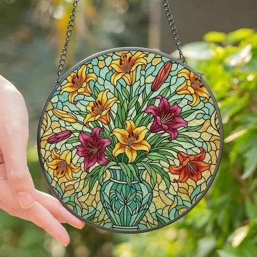 Art Lovers' Tiffany Stained Glass Vibrant Lily Bouquet Jewel Tone Swirling Floral Mosaic Pattern Stained Glass Suncatcher
