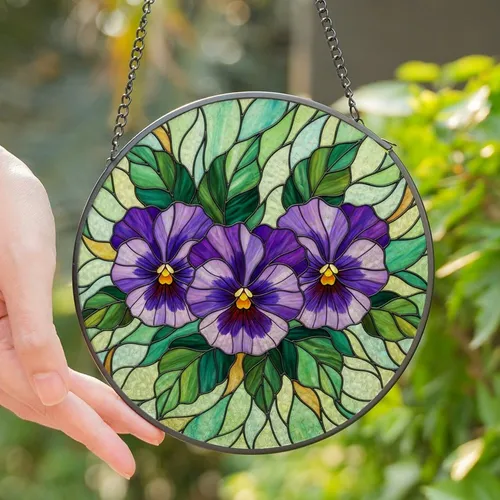 Floral Art Lovers' Tiffany Stained Glass Purple Violet Pansy Jewel Tone Mosaic Stained Glass Suncatcher
