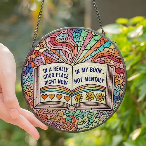 Book Lovers' Intricate Stained Glass Open Book Rainbow Hearts Daisy Flowers Jewel Tone Art Stained Glass Suncatcher