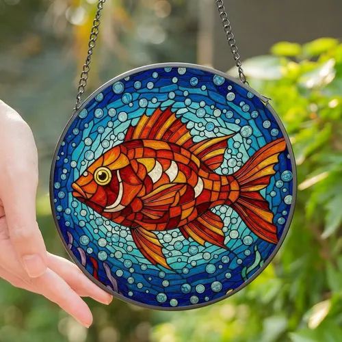 Ocean Lovers' Tiffany Style Stained Glass Robust Fish Mosaic Water Pattern Amber Orange Jewel Tones Stained Glass Suncatcher