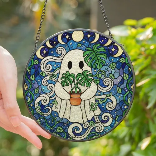 Whimsical Fantasy Art Fans' Vibrant Tiffany Stained Glass Ghost Monstera Emerald Terracotta Night Mosaic Stained Glass Suncatcher