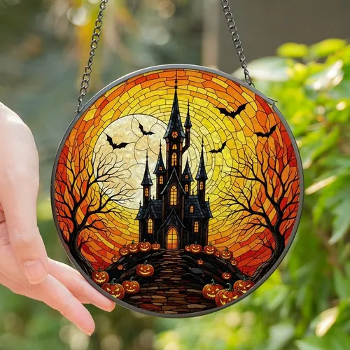 Gothic Art Fans' Fiery Stained Glass Haunted Castle Full Moon Jack-o'-Lantern Orange Yellow Black Mosaic Stained Glass Suncatcher