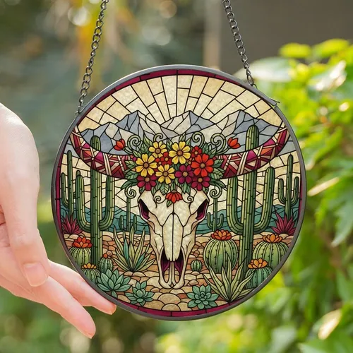 Boho Western Style Lovers' Intricate Stained Glass Steer Skull Wildflower Desert Mosaic Jewel Tones Stained Glass Suncatcher