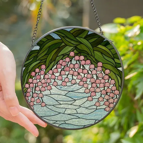 Nature Lovers' Tiffany Style Pink Lily of the Valley Translucent Jewel Tone Stained Glass Mosaic Stained Glass Suncatcher