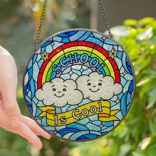 Whimsical Style Lovers' Tiffany-Inspired Stained Glass Rainbow Clouds 'SCHOOL Is Cool' Glitter Mosaic Stained Glass Suncatcher