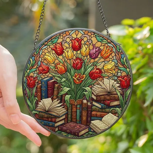 Book Lovers' Luminous Stained Glass Tulips & Books Edge-to-Edge Jewel Tone Floral Mosaic Stained Glass Suncatcher