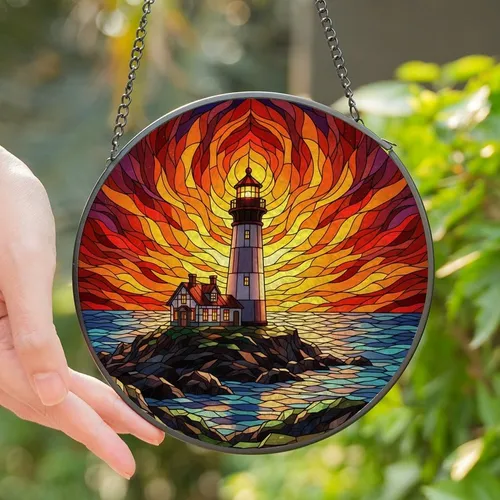 Coastal Admirers' Intricate Stained Glass Lighthouse Sunset Ocean Mosaic Deep Blue Orange Yellow Stained Glass Suncatcher