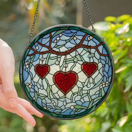 Art Lovers' Intricate Tiffany Style Ruby Red Hearts Copper Branch Jewel Tone Geometric Mosaic Floral Pattern Stained Glass Suncatcher
