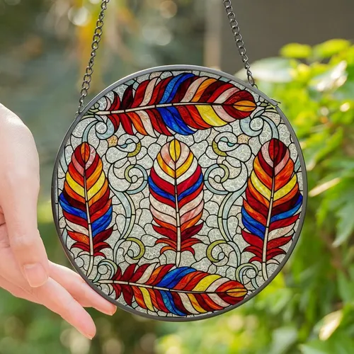Art Lovers' Vibrant Tiffany Stained Glass Feather Mosaic Ethereal Jewel Tone Filigree Pattern Stained Glass Suncatcher