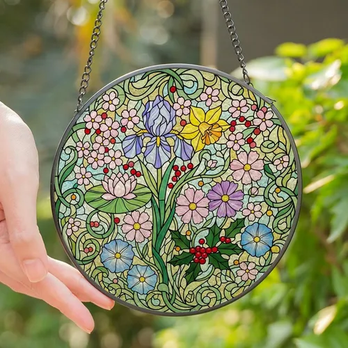 Nature Lovers' Edge-to-Edge Tiffany Stained Glass Floral Mosaic Art Pink Yellow Blue Green Red Stained Glass Suncatcher