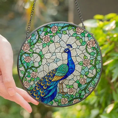 Art Lovers' Regal Peacock Tiffany Stained Glass Jewel Tone Blues Greens Blush Pink Roses Mosaic Pattern Stained Glass Suncatcher