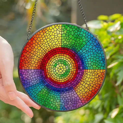 Art Lovers' Radiant Stained Glass Rainbow Spiral Mosaic Pattern Jewel Tones Stained Glass Suncatcher