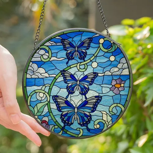 Nature Lovers' Tiffany Style Stained Glass Royal Blue Sky Grey Butterfly Vine Mosaic Stained Glass Suncatcher