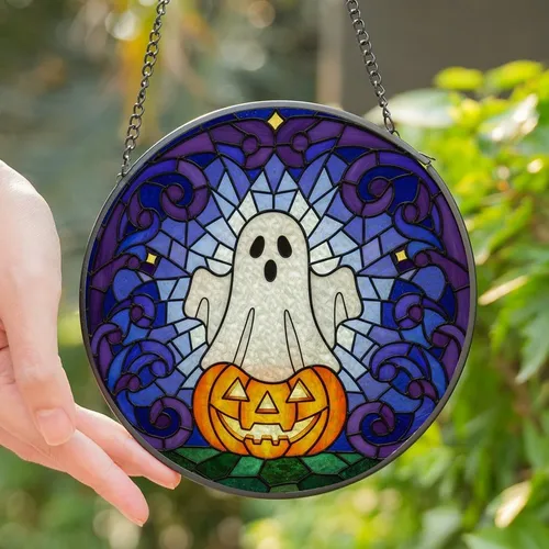 Halloween Art Lovers' Glowing Jewel-Toned Stained Glass Friendly Ghost & Jack-o'-Lantern Mosaic Stained Glass Suncatcher