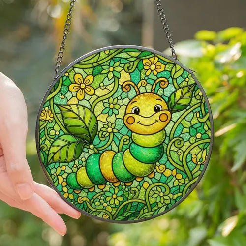 Nature Lovers' Edge-to-Edge Tiffany Stained Glass Cheerful Caterpillar Vibrant Golden Yellow & Green Botanical Mosaic Stained Glass Suncatcher