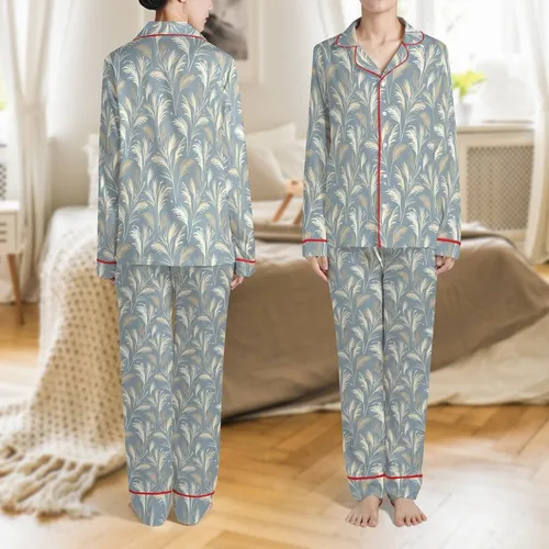 Nursing Moms' Muted Blue-Grey Soft Beige Cream Taupe Delicate Organic Botanical Pattern Satin Pajamas Set Satin Pajamas Set