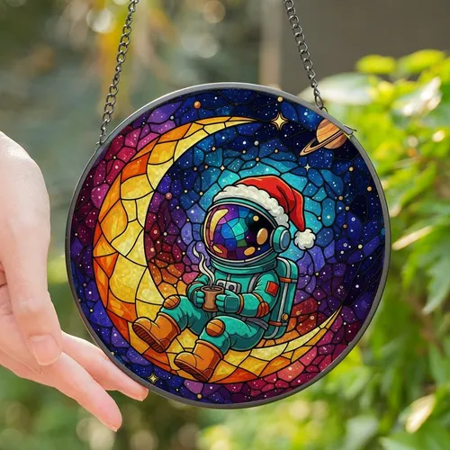 Space Dreamers' Tiffany Stained Glass Astronaut Moonscape Golden Teal Orange Jewel Tone Pattern Stained Glass Suncatcher