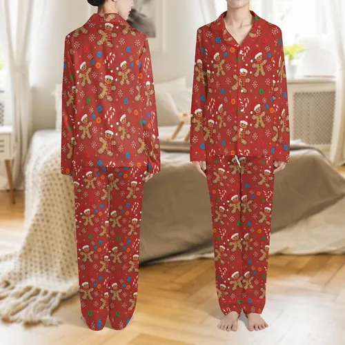 Cozy Christmas Loungewear: Faux Yarn Gingerbread Man Knit Design Satin Pajamas Set