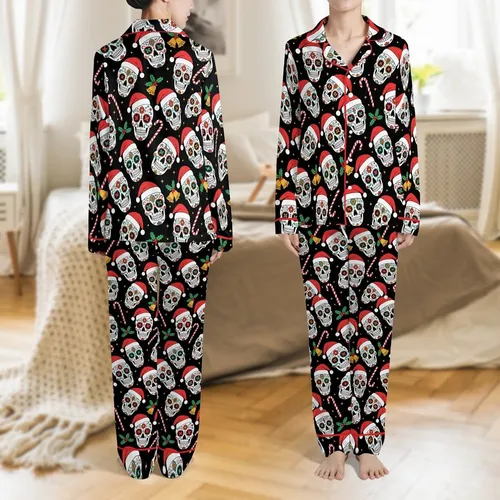 Family Matching Black Sugar Skull Santa Hat & Floral Candy Cane Loungewear Set Satin Pajamas Set