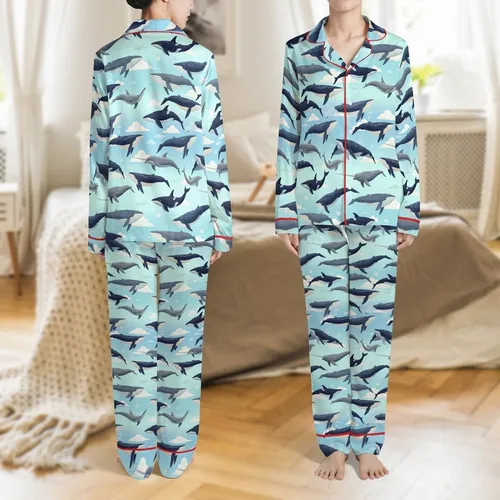 Family Bamboo Pajamas: Flying Whales & Dolphin Ethereal Print Two-Piece Set Satin Pajamas Set