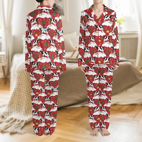 Family Christmas Sleepwear: Angus Cattle, Santa Hats, Snowdrifts & Festive Red Print Satin Pajamas Set