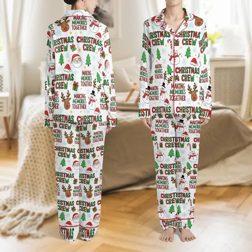Family Christmas 2025 Crew: Making Memories Festive Seamless Pattern Digital PNG Design Satin Pajamas Set