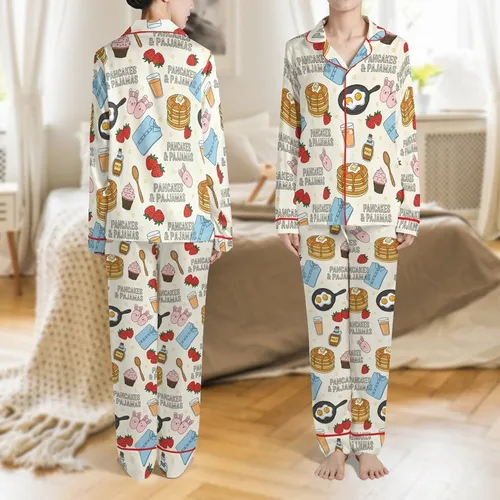 Girls' Sleepover & Birthday Pancakes & Pajamas: Hand-Drawn Fluffy Pancakes, Bunny Slippers Sleep Set Satin Pajamas Set