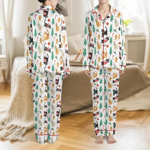 Family Christmas Pajamas: Whimsical Cats, Santa Hats & Candy Canes Festive Holiday Sleep Set Satin Pajamas Set