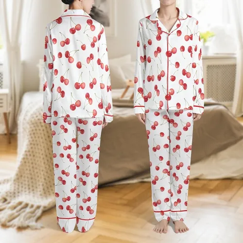 Women's Kawaii Satin Loungewear: Cherry Watercolor Fruit Short Sleep Set Satin Pajamas Set