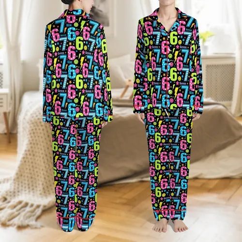 Coquette Six Seven Meme Pajamas: Viral Smiley Numbers, Neon Doodles & Stars Knit Sleep Set Satin Pajamas Set