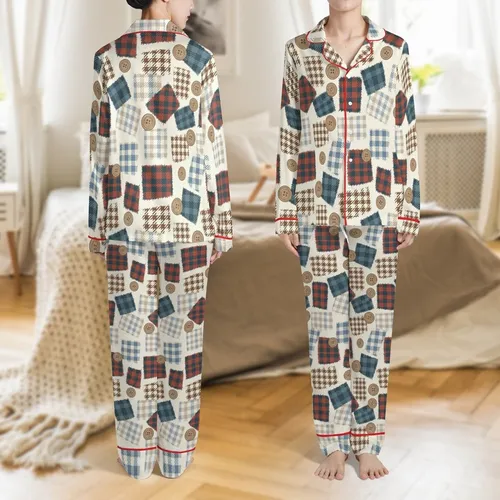Newborn Baby Boy Handmade Checkered Patch Wood Button Footed Romper & Knot Hat Set Satin Pajamas Set