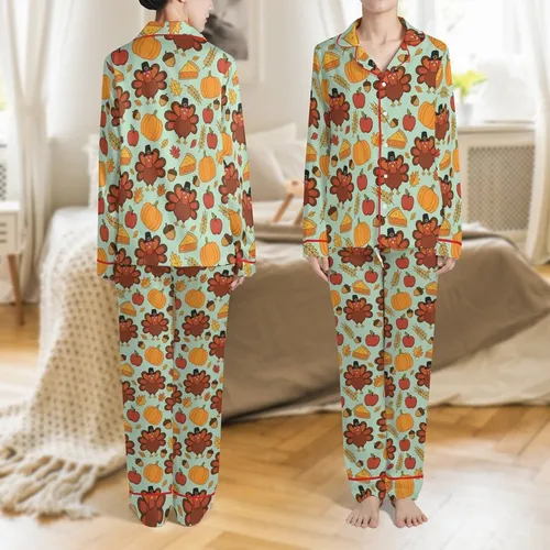 Family Fall Sleep Set: Whimsical Turkey, Pie, Apple & Acorn Autumn Print Satin Pajamas Set