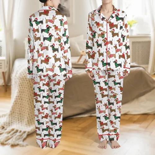 Family Dachshund Christmas Pajamas: Whimsical Dog Pattern with Santa Hats & Scarves Satin Pajamas Set