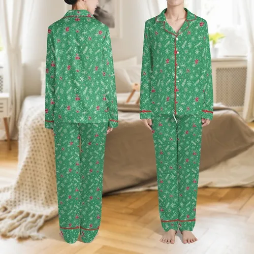 Family Personalized Christmas Sleep Set: Vintage Holly, Pine, Snowflakes & Presents Pattern Satin Pajamas Set