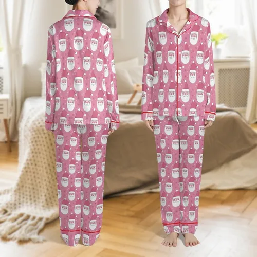 Family Matching Pink Christmas Pajamas: Whimsical Santa Faces & Snowflakes Print - Cozy Loungewear Set Satin Pajamas Set