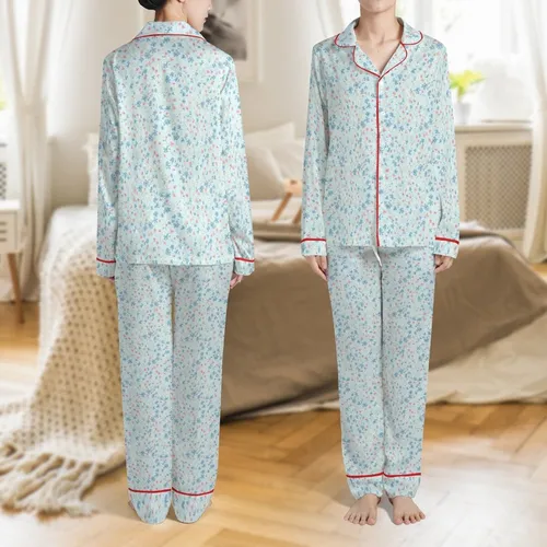 Baby Serenity Blue Vintage Micro-Floral Botanical Bamboo Sleepwear Satin Pajamas Set