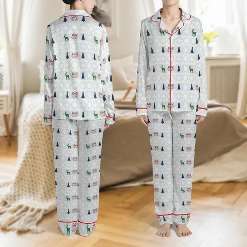Women's Washed Linen Christmas Loungewear: Fair Isle Geometric Reindeer & Snowflakes Set Satin Pajamas Set