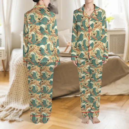 Family Matching Raglan Sleep Set: Vintage Surfing Pug Ocean Wave Print Satin Pajamas Set
